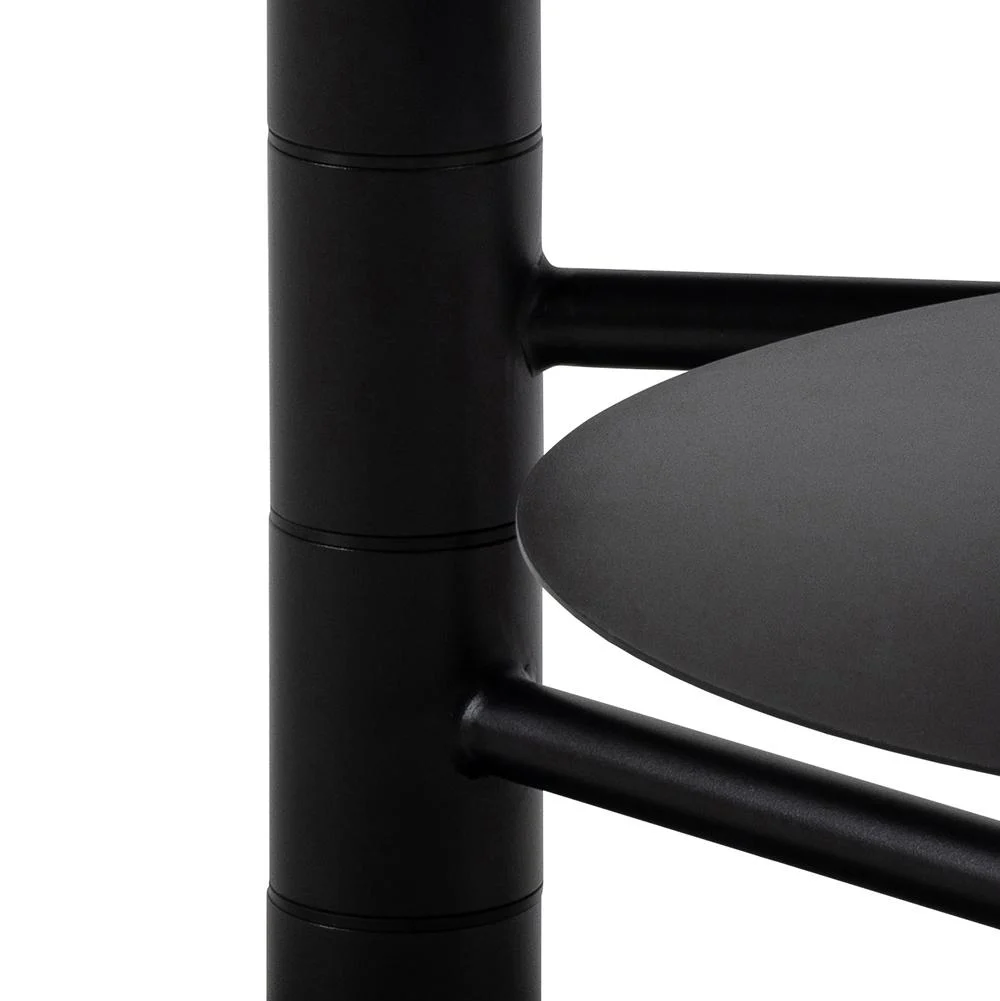 Close-up van Salontafel Zwart, Wit 45 CM Rond, een minimalistische zwart mat kunststof nestelset met twee ronde planken die een verticale steun kruisen.