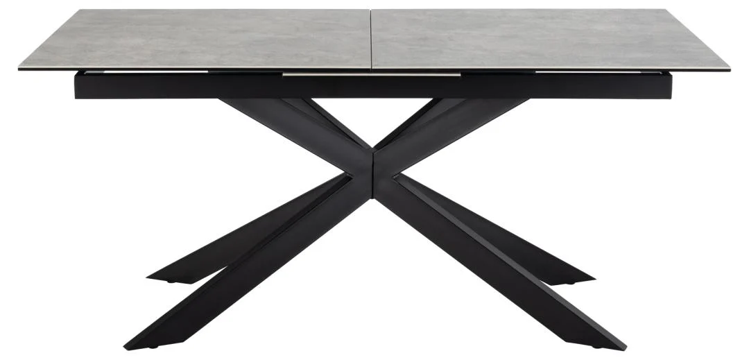 De Eettafel Irwine 90 x 76 CM Rechthoek heeft een modern rechthoekig tafelblad van grijs keramiek en zwarte stalen poten in een kruisend X-vormig ontwerp.