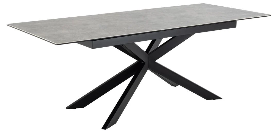 Eettafel Irwine 90 x 76 CM Rechthoek: een moderne eettafel met een grijs keramieken blad en zwart, kruisend stalen onderstel voor een geometrische, sculpturale look.