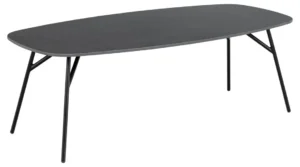 De Salontafel Zwart is een moderne, ronde zwarte tafel (60 x 41 cm) gemaakt van kunststof, met een slank tafelblad en vier schuine metalen poten, afgebeeld tegen een witte achtergrond.