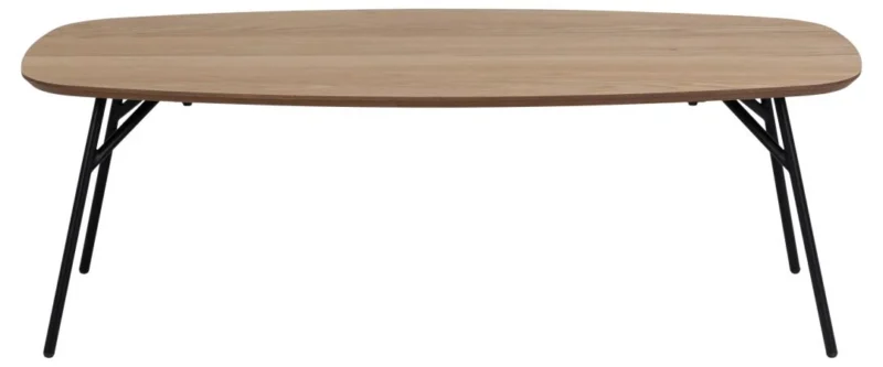 Een moderne, ronde Salontafel Zwart 40 CM in eikenfineer met zwart metalen schuine poten, van voren gezien tegen een witte achtergrond.