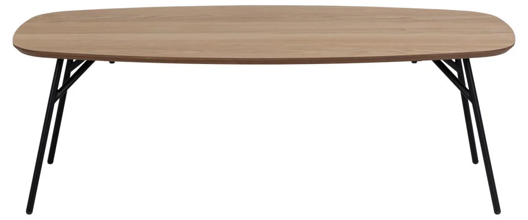 Een moderne, ronde Salontafel Zwart 40 CM in eikenfineer met zwart metalen schuine poten, van voren gezien tegen een witte achtergrond.