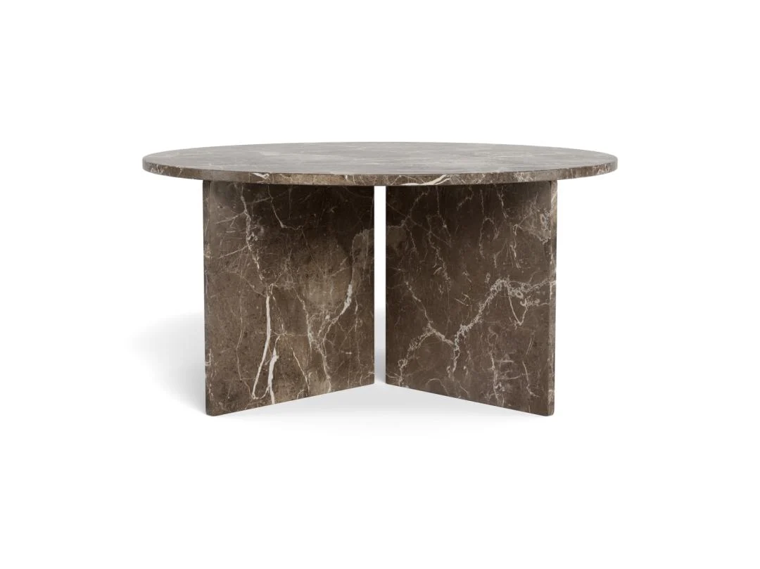 Salontafel Bruin 90 CM Rond Marmer met een bruin marmeren tafelblad en twee kruislingse marmeren poten, afgebeeld tegen een witte achtergrond.
