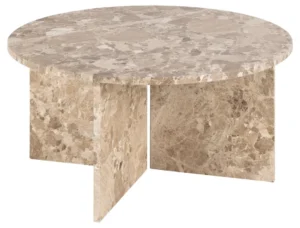 Salontafel Bruin, Roest 90 CM Rond Marmer heeft een rond beige marmeren blad met een gepolijst natuursteenpatroon en kruisende rechthoekige tafelpoten voor een moderne uitstraling.