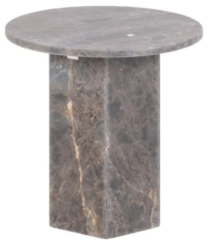 De Bijzettafel Bruin 50 CM Rond Marmer is een ronde, grijs marmeren bijzettafel met een dik cilindrisch blad en een stevige rechthoekige voet met natuurlijke bruine en witte adering.