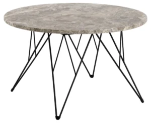 De Salontafel Zwart, Grijs 80 CM Rond is een ronde salontafel met een kunststof blad in marmerlook en slanke zwarte metalen poten in een geometrisch kriskras ontwerp.