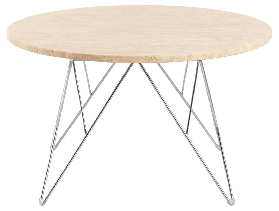 De Salontafel Beige 80 CM Rond Kunststof heeft een rond, beige tafelblad en slanke metalen poten in een geometrisch ontwerp.