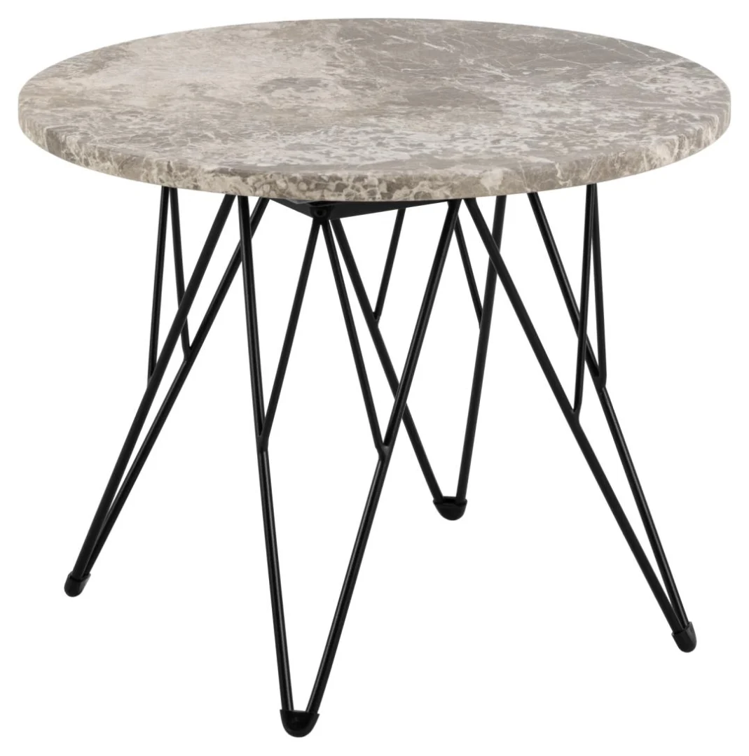 De Bijzettafel Zwart, Grijs Rond Kunststof is een ronde bijzettafel met een lichtgrijs gemarmerd blad en stevige zwarte metalen haarspeldpoten in een geometrische opstelling.