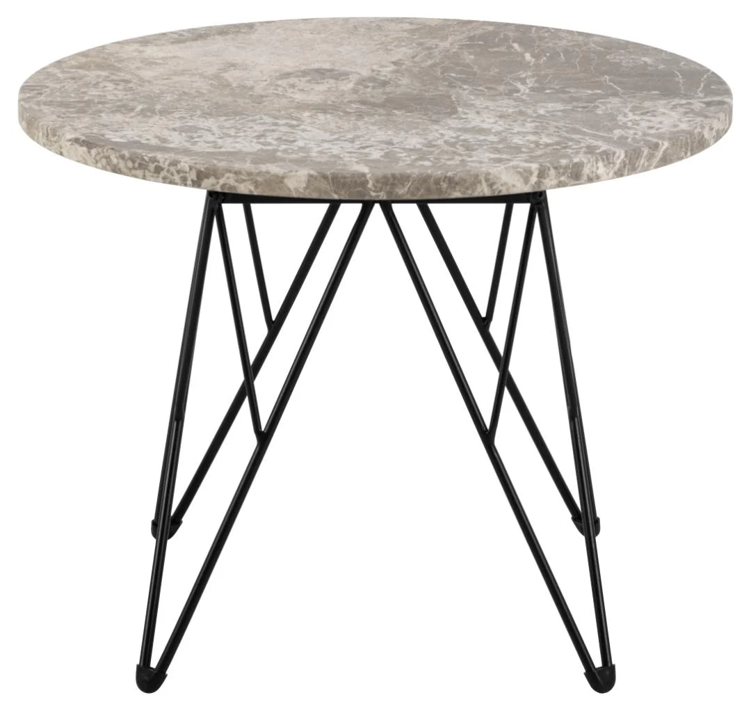 De Bijzettafel Zwart, Grijs Rond Kunststof is een ronde bijzettafel met een grijs blad en zwarte geometrische haarspeldpoten, tegen een witte achtergrond.