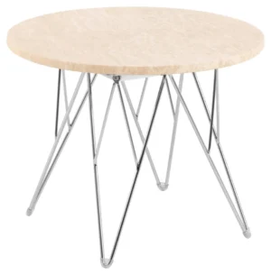 De Bijzettafel Beige 55 CM Rond Kunststof heeft een rond beige tafelblad van duurzaam kunststof en slanke, gehoekte metalen poten in een modern geometrisch ontwerp.