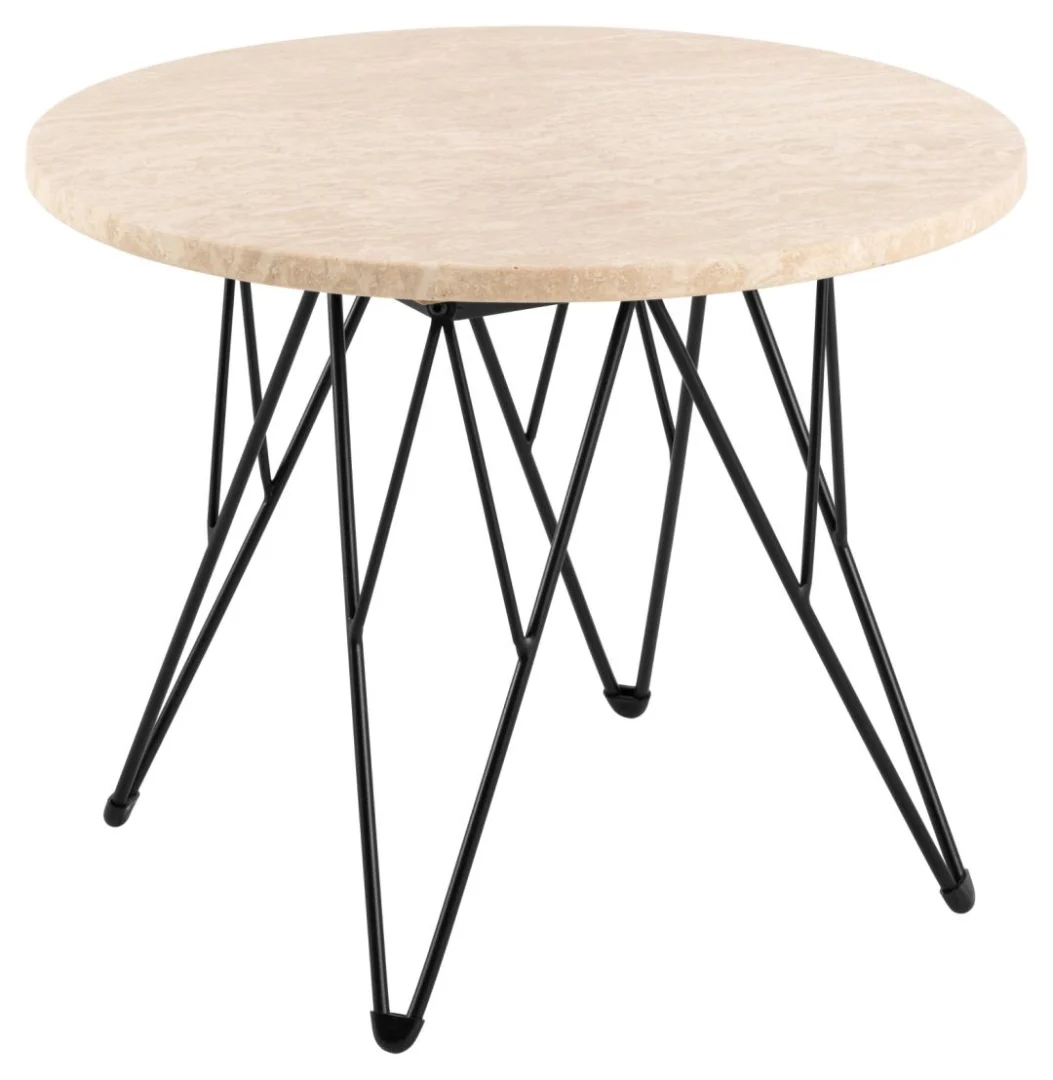 De Bijzettafel Beige, Zwart is een 55 cm ronde tafel met een travertin beige blad en zwarte metalen poten in een geometrisch kriskras ontwerp.