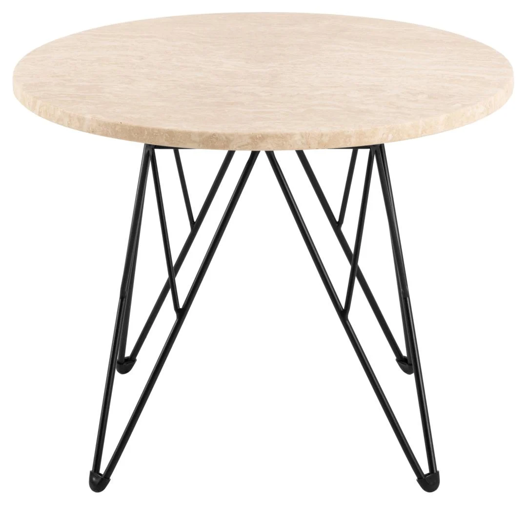 De Bijzettafel Beige, Zwart 55 CM Rond is een ronde tafel met een glad travertin tafelblad in lichtbeige en strakke zwarte metalen haarspeldpoten in een geometrisch ontwerp.