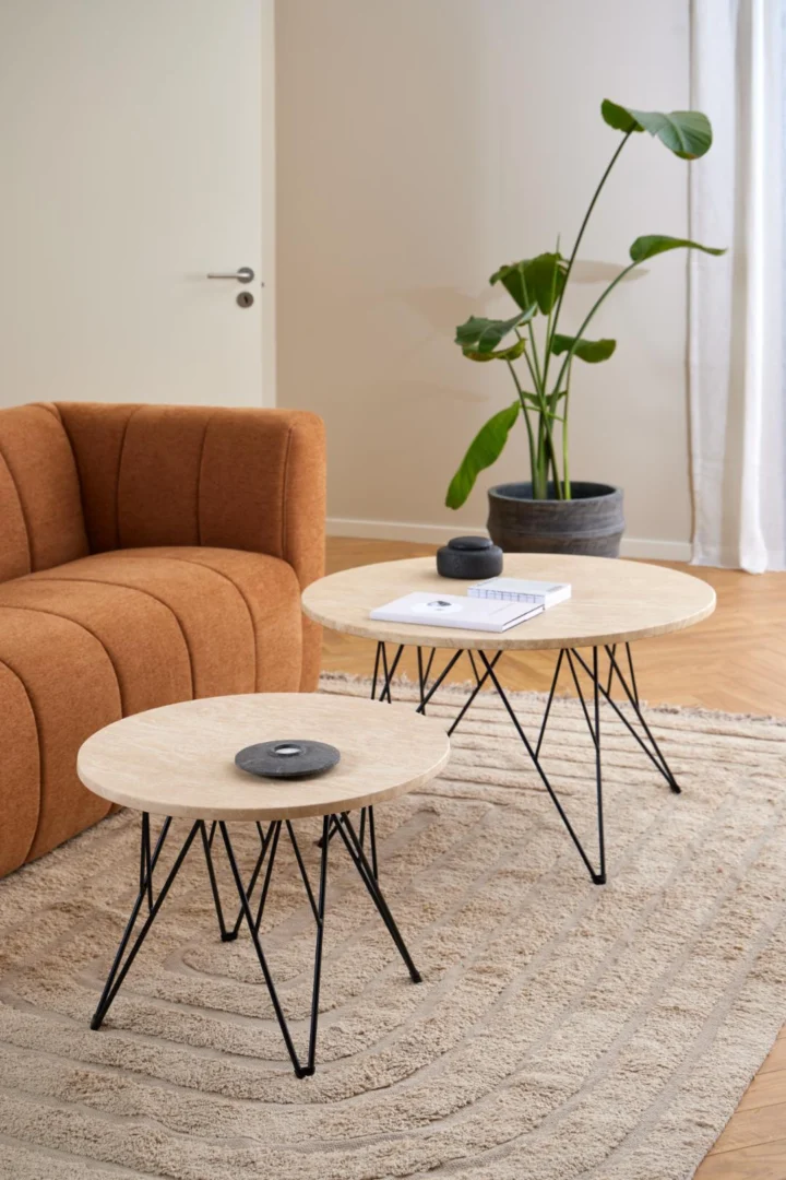 Een gezellige woonkamer met een bruine bank, twee Bijzettafel Beige, Zwart 55 CM Rond travertin salontafels, een beige vloerkleed met structuur, een groene plant in pot en boeken en decor op de tafels.