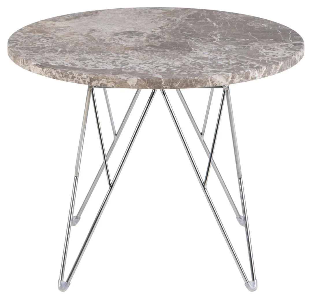 De Bijzettafel Grijs, Bruin is een 55 cm ronde bijzettafel gemaakt van kunststof, met een grijs en bruin gedessineerd blad en dunne, gekruiste metalen poten voor ondersteuning.