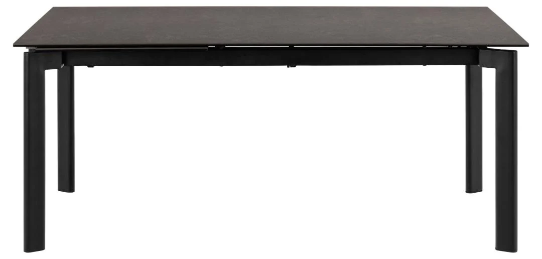 De Eettafel Palermo 90 x 76 CM Rechthoek is een moderne rechthoekige eettafel met een robuust keramisch donker tafelblad en vier zwarte poten, afgebeeld tegen een witte achtergrond.