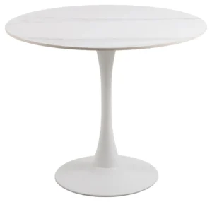 De Eettafel Nieuwe Sfeer 90 CM Rond Keramiek is een moderne, minimalistische ronde witte tafel met een glad keramisch oppervlak en een stevig stalen voetstuk dat aan de onderkant uitwaaiert voor extra stabiliteit.
