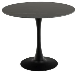 De Eettafel Nieuwe Sfeer 90 CM Rond Mat heeft een glad, rond zwart blad en een stevig zwart onderstel met een centrale sokkel die uitloopt in een brede, ronde bodem voor extra stabiliteit.