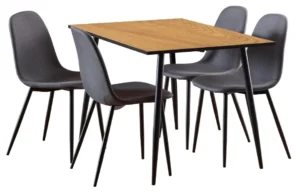 Een moderne eetset met de Eettafel Nieuwe Sfeer 80 x 75 CM Rond MDF tafel, gestyled met vier grijs gestoffeerde stoelen met zwarte metalen poten, allemaal gerangschikt rond de ronde tafel.