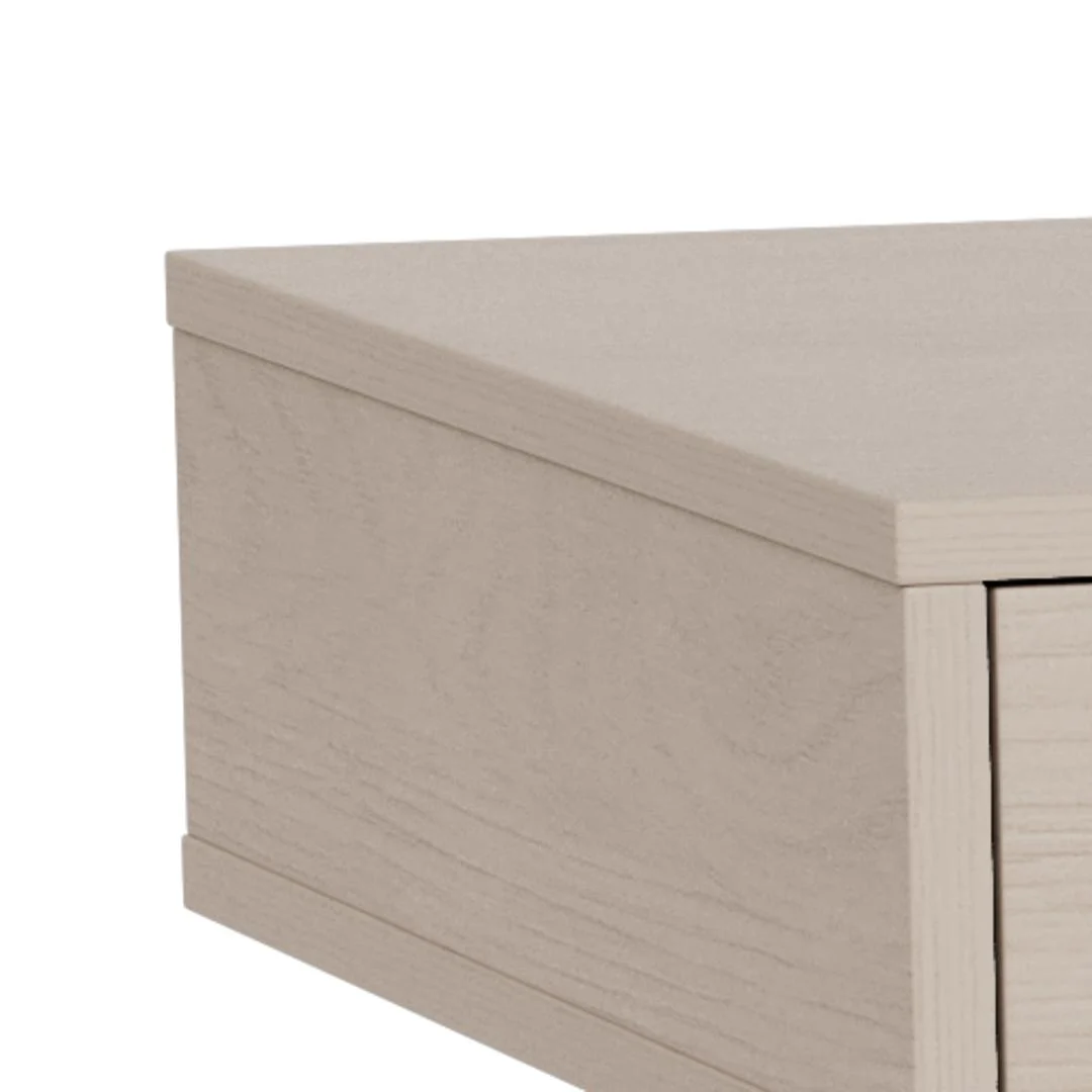 Detail grijze bureau met 3 lades. Melamine retro bureau 110x50x77.1 cm.