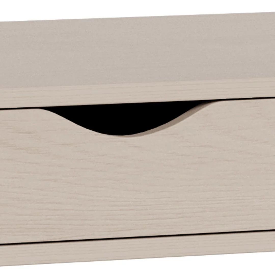 Detailopname van een grijze melamine bureau lade met retro handgreep.