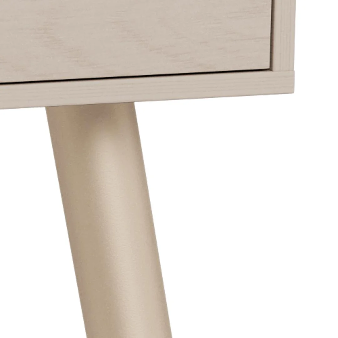 Detail van retro bureau met 3 lades, melamine grijs.