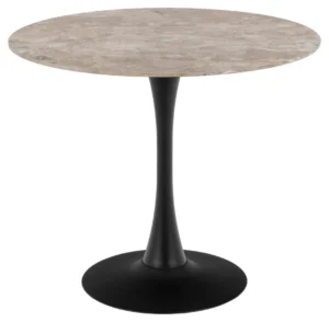 De Eettafel Malta 90 CM is een ronde eettafel met een lichtbruin en beige gemarmerd keramiek tafelblad en een strak, modern enkel onderstel in mat zwart staal.