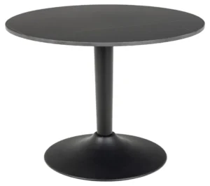 De Salontafel Zwart 60 CM Rond Kunststof is een ronde zwarte tafel met een glad oppervlak en een centraal voetstuk, afgebeeld tegen een witte achtergrond.