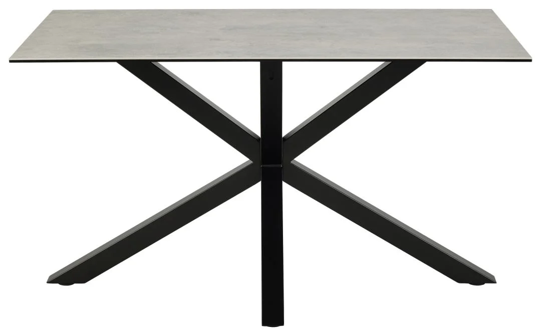 De Eettafel Nieuwe Sfeer 135 x 80 CM is een moderne rechthoekige tafel met een vlak grijs keramisch blad en een zwart stalen X-vormig onderstel, van voren gezien tegen een witte achtergrond.