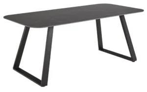De Eettafel Antalya 90 x 75 CM Rechthoek heeft een modern rechthoekig keramisch blad met een donkere marmerachtige afwerking en zwarte gehoekte stalen poten die een geometrische basis vormen.