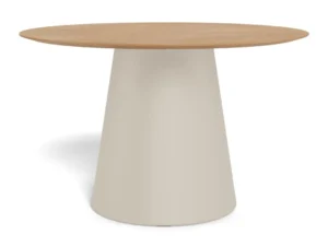 De Eettafel Soli 120 CM is een moderne ronde tafel met een licht eikenhouten blad en een breed, taps toelopend stalen onderstel in glad beige.