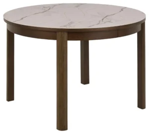 De Eettafel Nieuwe Sfeer 75 CM Rond Keramiek heeft een modern, minimalistisch ontwerp met een wit keramisch tafelblad met marmerpatroon en donkerbruine houten poten en onderstel die een opvallend contrast vormen.