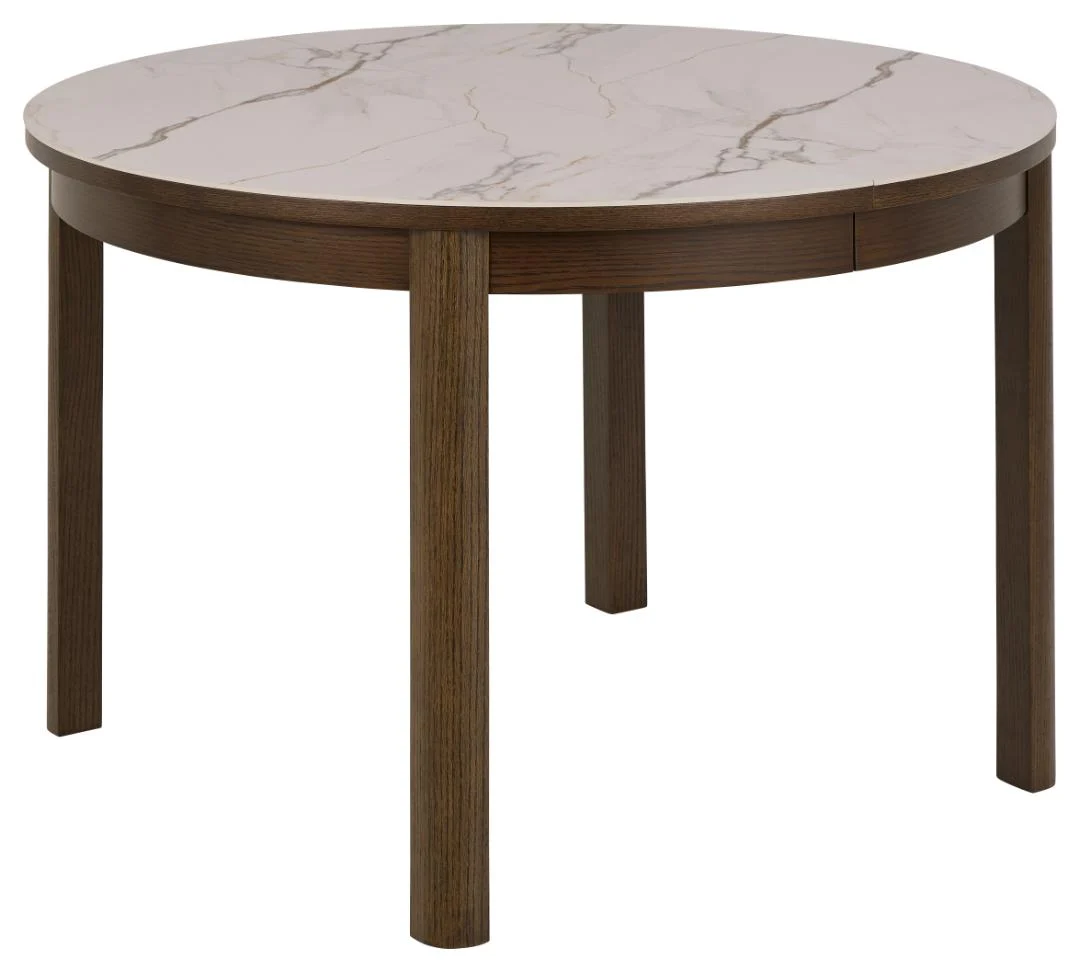 De Eettafel Nieuwe Sfeer 75 CM Rond Keramiek heeft een modern, minimalistisch ontwerp met een wit keramisch tafelblad met marmerpatroon en donkerbruine houten poten en onderstel die een opvallend contrast vormen.