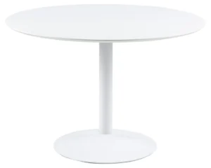 De Eettafel Ibiza 110 CM Rond is een witte ronde tafel met een glad MDF blad en een strak stalen centrale voet, met een minimalistisch design.