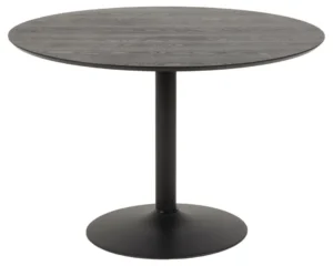 De Eettafel Nieuwe Sfeer 110 CM Rond MDF Mat heeft een glad, rond donker houten oppervlak met een stevige zwart metalen voet en ronde voetplaat.