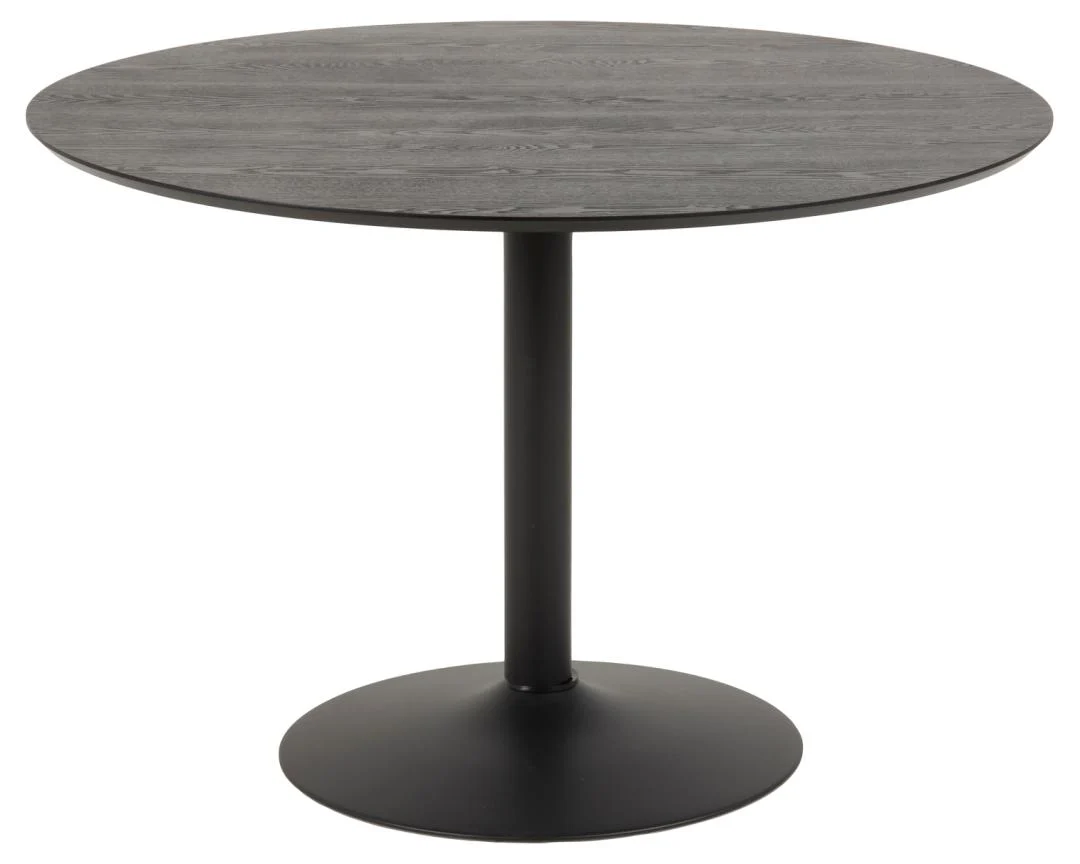 De Eettafel Nieuwe Sfeer 110 CM Rond MDF Mat heeft een glad, rond donker houten oppervlak met een stevige zwart metalen voet en ronde voetplaat.