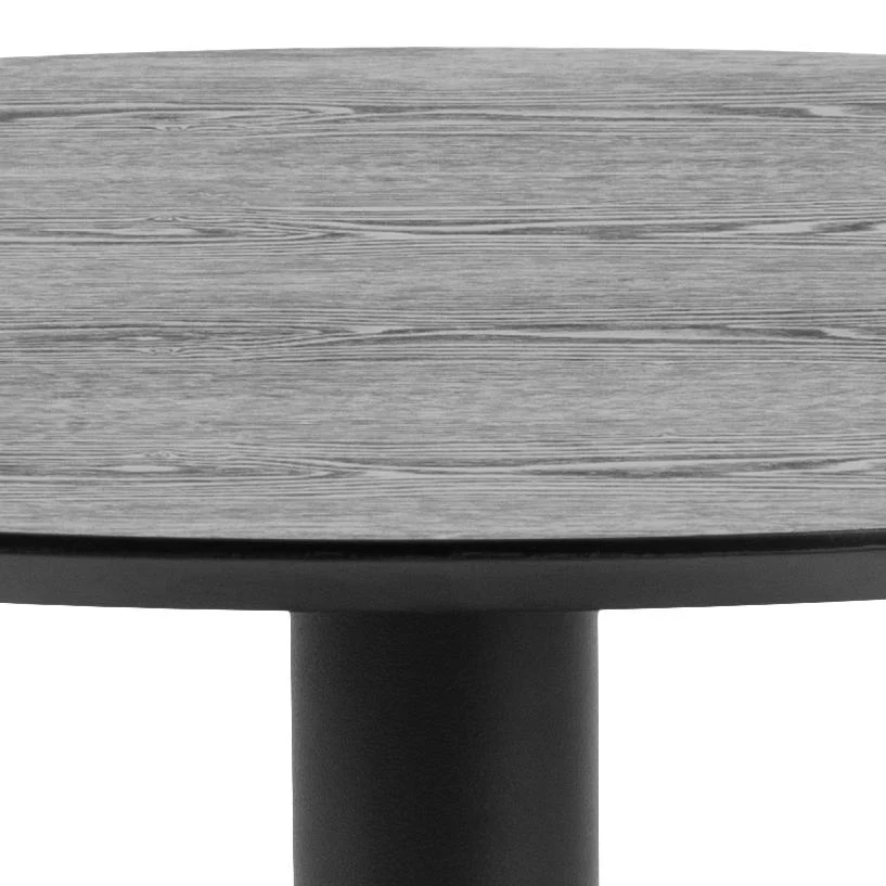 Een close-up zijaanzicht van de Eettafel Nieuwe Sfeer 80 CM Rond MDF Mat, met een rond houtnerf tafelblad en een zwart cilindrisch metalen onderstel.