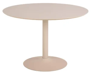 De Eettafel Nieuwe Sfeer 110 CM Rond Mdf is een ronde, lichtbeige tafel met een glad blad en een centraal voetstuk, afgebeeld tegen een witte achtergrond.