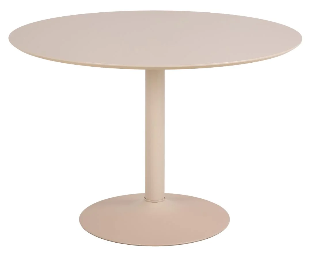 De Eettafel Nieuwe Sfeer 110 CM Rond Mdf is een ronde, lichtbeige tafel met een glad blad en een centraal voetstuk, afgebeeld tegen een witte achtergrond.