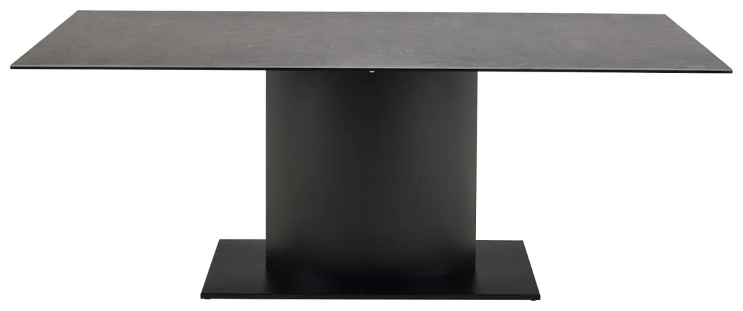 De Eettafel Nieuwe Sfeer 200 x 100 CM Rond is een moderne eettafel met een strak, donker keramisch tafelblad en een stevig cilindervormig zwart metalen onderstel op een rechthoekig plateau.