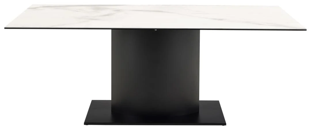 De Eettafel Marbella 200 x 100 CM Rechthoek is een moderne rechthoekige eettafel met een slank wit keramisch blad en een breed cilindrisch zwart stalen onderstel, geplaatst op een plat zwart rechthoekig plateau.