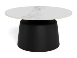 De Salontafel Zwart, Wit 70 CM Rond is een moderne ronde salontafel van kunststof, met een wit marmeren blad en een brede zwarte cilindrische voet voor een minimalistische, eigentijdse stijl.