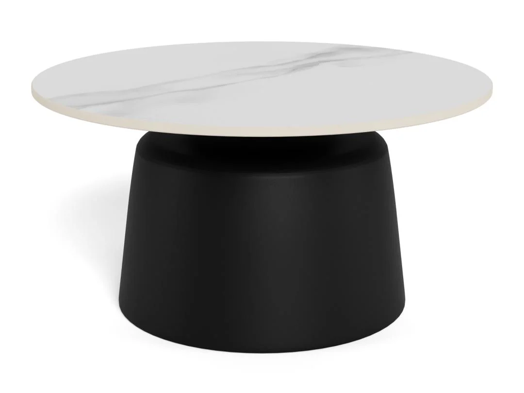 De Salontafel Zwart, Wit 70 CM Rond is een moderne salontafel met een rond wit kunststof blad en subtiele grijze details, op een breed zwart cilindervormig onderstel.