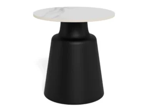 De Salontafel Zwart, Wit 45 CM Rond is een moderne bijzettafel in Scandinavische stijl met een rond wit blad en breed zwart onderstel, gemaakt van duurzaam kunststof, met een strak, minimalistisch ontwerp.