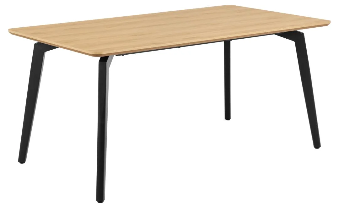 De Eettafel Nieuwe Sfeer is een ronde tafel (90 x 75 cm) met een licht MDF blad en vier zwarte stalen poten, tegen een effen witte achtergrond.