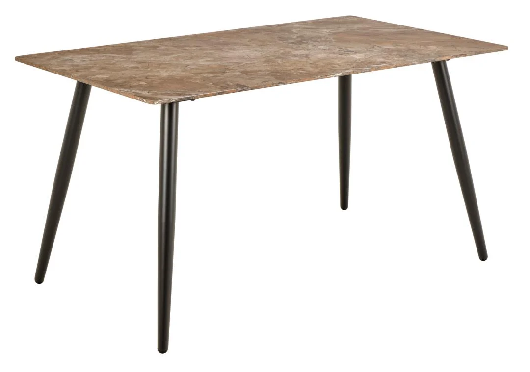 De Eettafel Wicklow is een ronde eettafel van keramiek van 80 x 75 cm, met een bruin marmeren blad en vier zwarte, gehoekte metalen poten tegen een effen witte achtergrond.