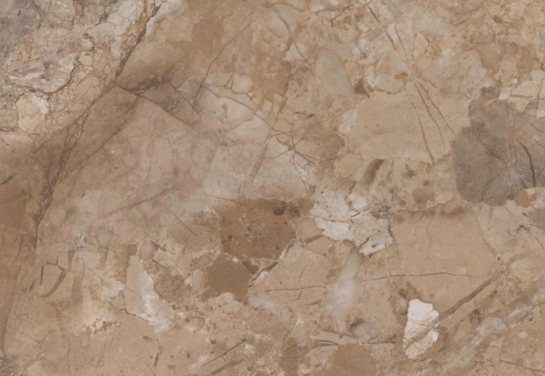 Een close-up van de Eettafel Wicklow 80 x 75 CM Rond Keramiek toont het beige en bruine marmeren oppervlak met natuurlijke patronen, aderen en gestructureerde tinten bruin, crème en tan.