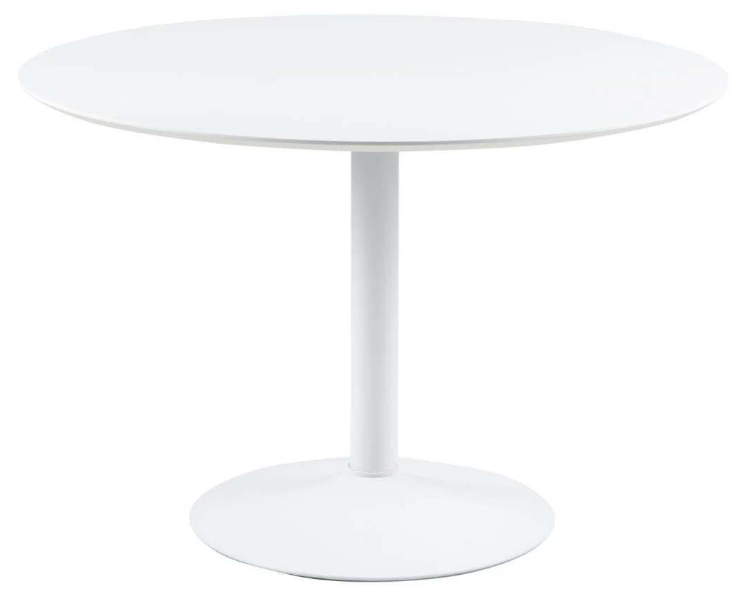 De Eettafel Ibiza 110 CM Rond MDF is een ronde witte tafel met een centraal voetstuk tegen een effen witte achtergrond.