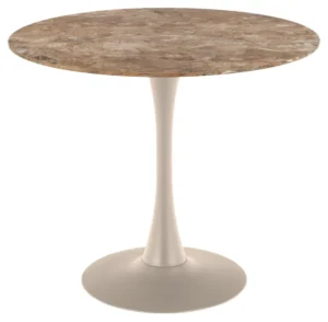 De Eettafel Nieuwe Sfeer 90 CM Rond heeft een rond bruin marmeren blad en een enkele witte sokkel die vloeiend toeloopt naar een brede, ronde voet.