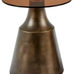 De Salontafel Brons, Bruin 45 CM Rond Metaal heeft een rond ontwerp met een bronzen, kegelvormig metalen onderstel en een bruin getint glazen blad.