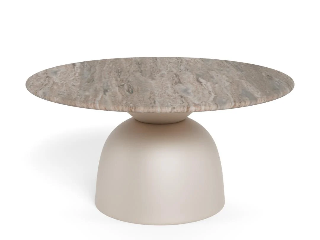 De Salontafel Grijs 80 CM Rond Kunststof heeft een minimalistisch, eigentijds ontwerp met een rond, steenachtig blad en een glad, breed beige cilindervormig onderstel.